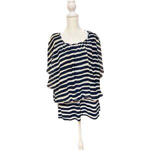 Style & Co Navy White Stripe Blouse 1X Dolman Sleeve Chiffon Flowy Top